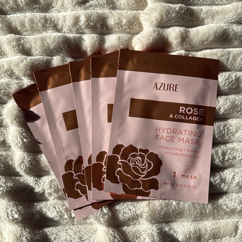 Azure rose and collagen hydrating face masks, 5 individual masks.